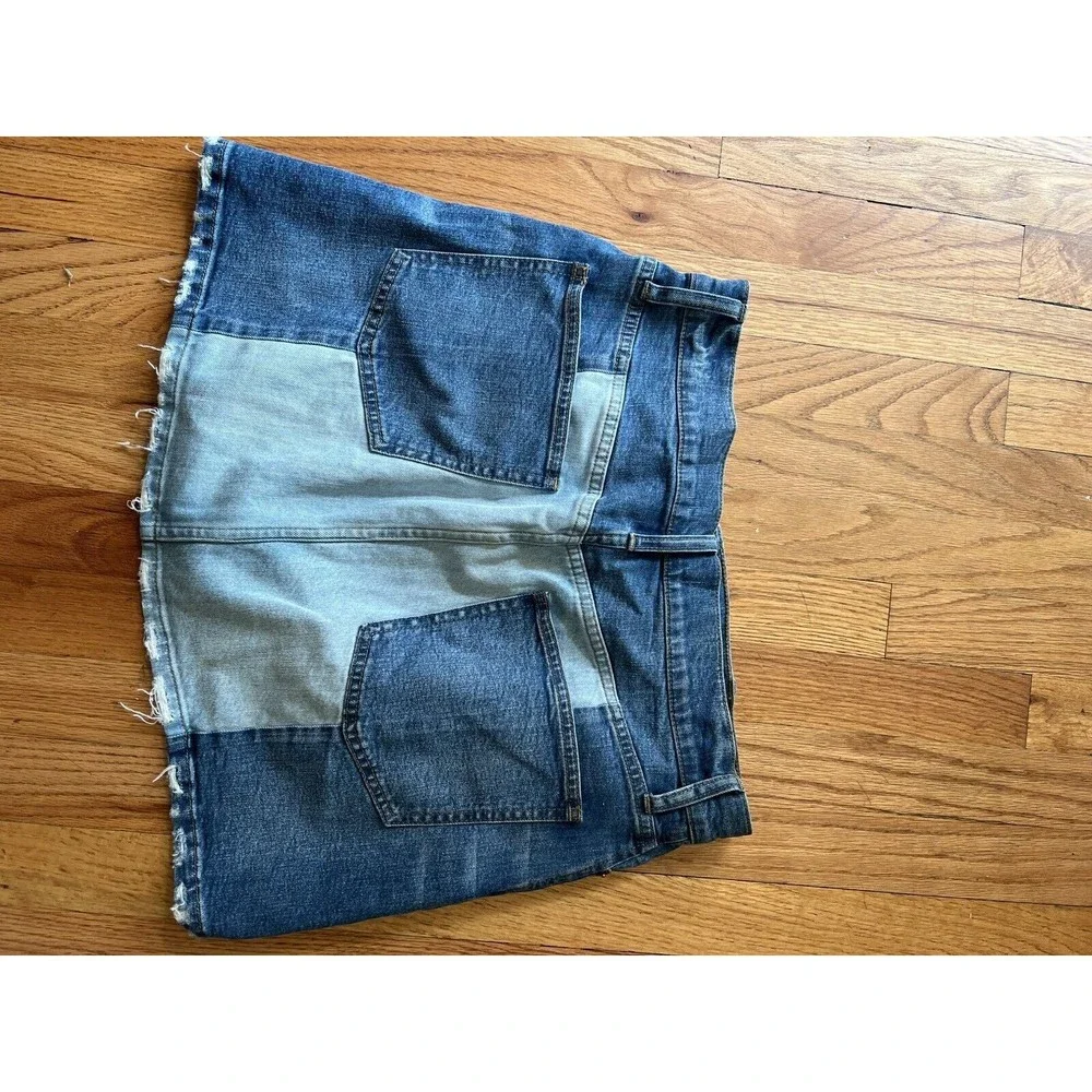 Madewell 1 denim‎ mini skirt Pieced McCarren patchwork raw hem boho jean wo…